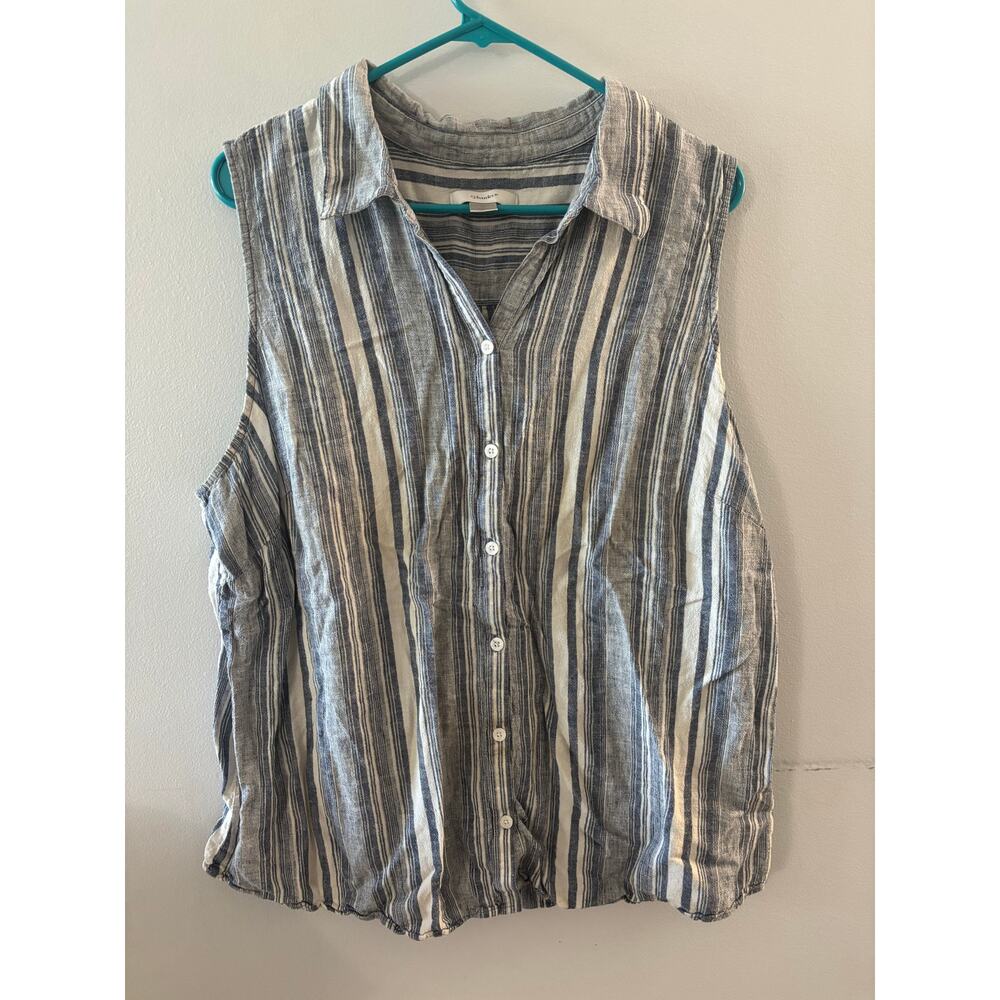 CJ Banks Womens Linen Sleeveless Top Size 2X Striped Button Down Coastal Beachy